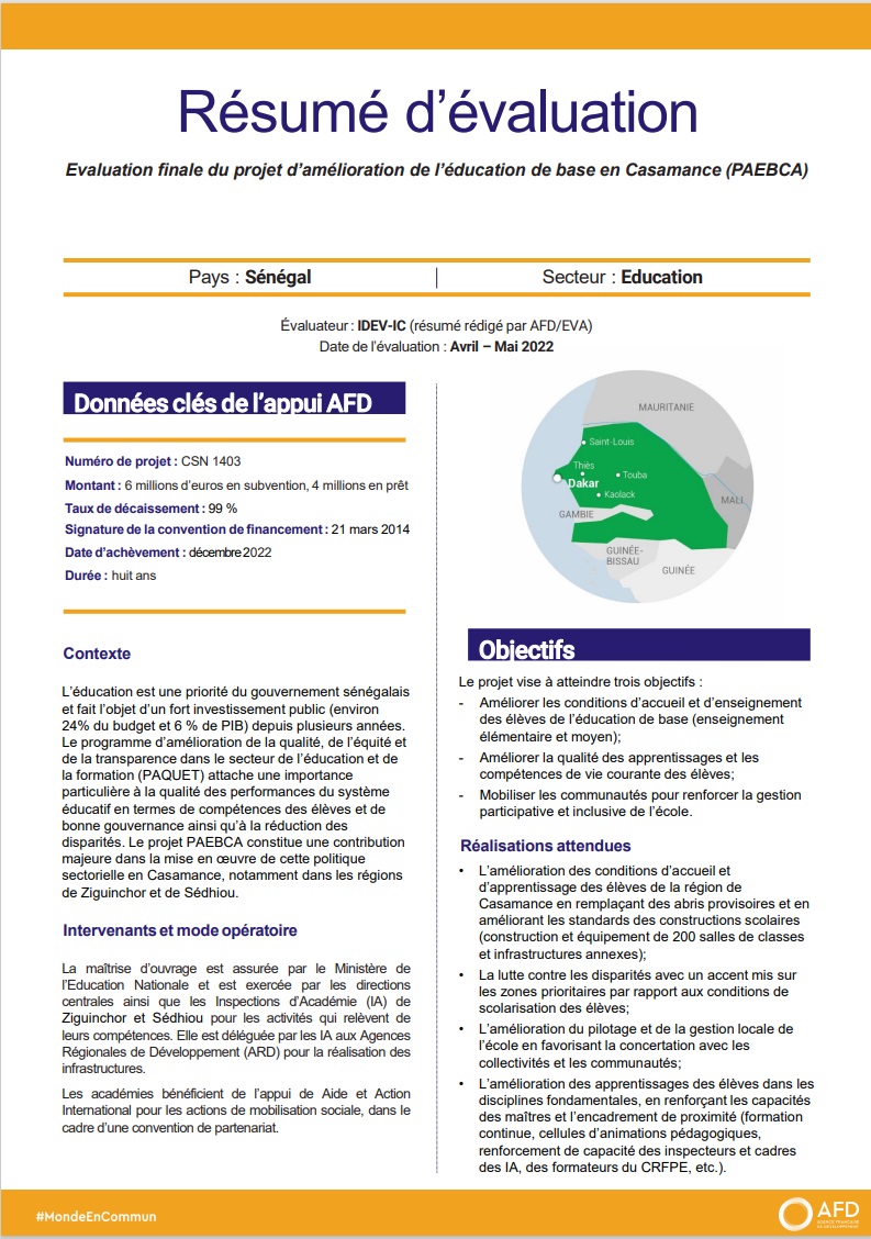 Evaluation finale du Projet d’Amélioration de l’Éducation de base en Casamance (PAEBCA), Sénégal